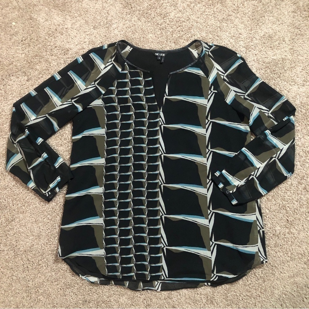 Nic+Zoe Leather Trim Black Green Blue Abstract Geo Print Tunic Top Medium - Picture 6 of 8
